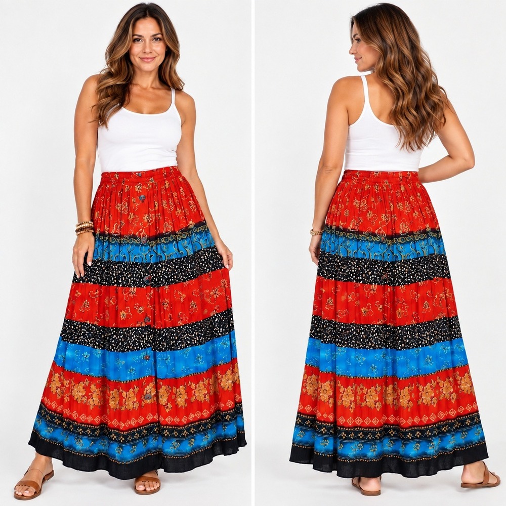 Carole Little Womens Red Blue Floral Paisley Tiered Button Front Maxi Skirt 12